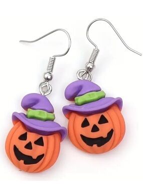 Jack O Lantern Pumpkin Witch Hat Halloween Earrings